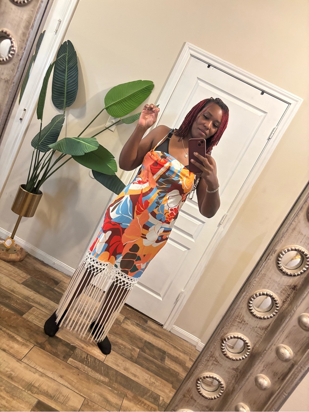SHEIN Multicolor Tropical Print Maxi Dress with Fringe Hem